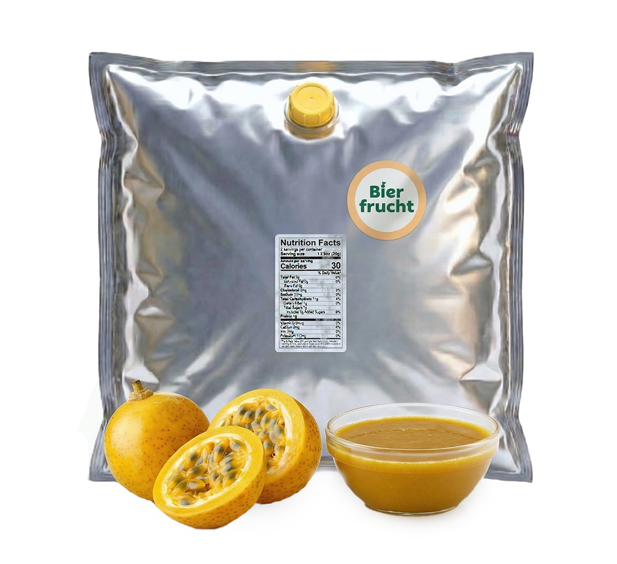 Passion fruit aseptic fruit puree in 44 lb packaging for breweries, hard seltzers, beverages, ice cream, sauces, desserts, and food manufacturing applications