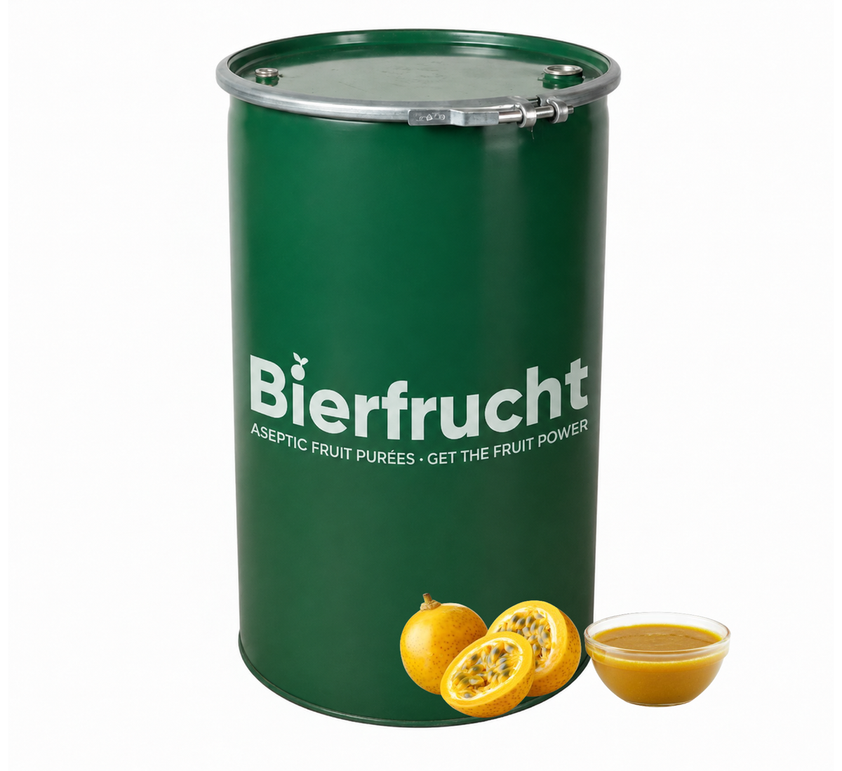 Passion fruit aseptic fruit puree in 485 lb packaging for breweries, hard seltzers, beverages, ice cream, sauces, desserts, and food manufacturing applications