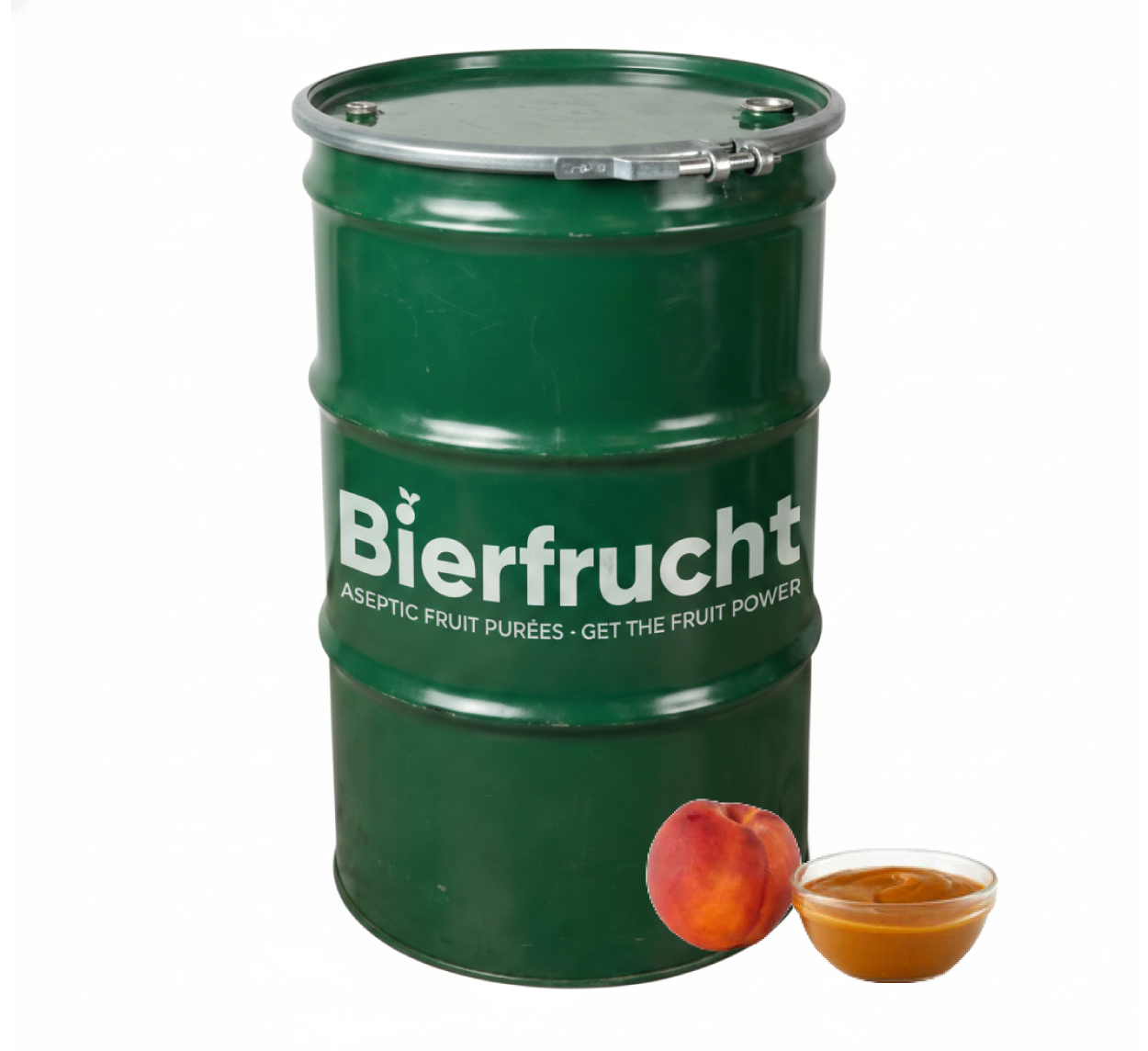 Peach aseptic fruit puree in 485 lb packaging for breweries, hard seltzers, beverages, ice cream, sauces, desserts, and food manufacturing applications