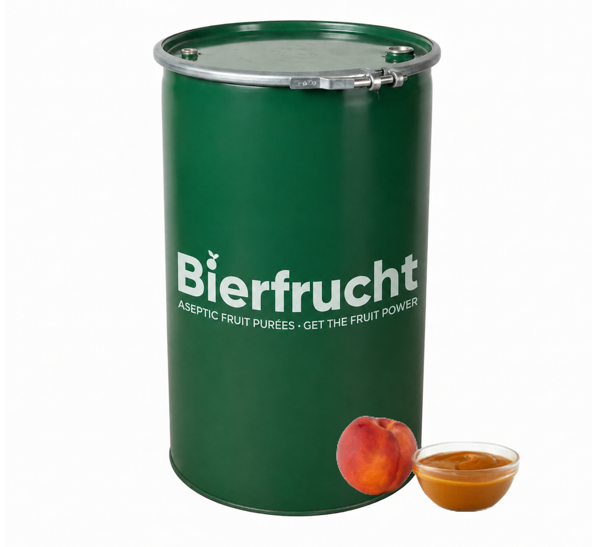 Peach aseptic fruit puree in 485 lb packaging for breweries, hard seltzers, beverages, ice cream, sauces, desserts, and food manufacturing applications