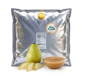 Pear aseptic fruit puree in 44 lb packaging for breweries, hard seltzers, beverages, ice cream, sauces, desserts, and food manufacturing applications