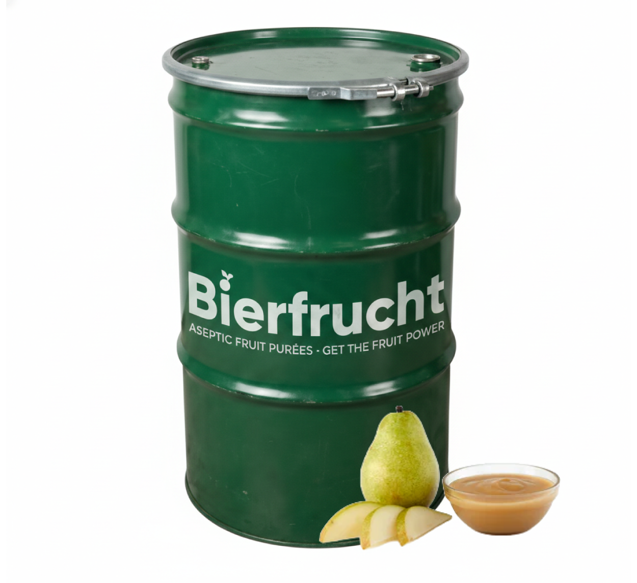 Pear aseptic fruit puree in 485 lb packaging for breweries, hard seltzers, beverages, ice cream, sauces, desserts, and food manufacturing applications