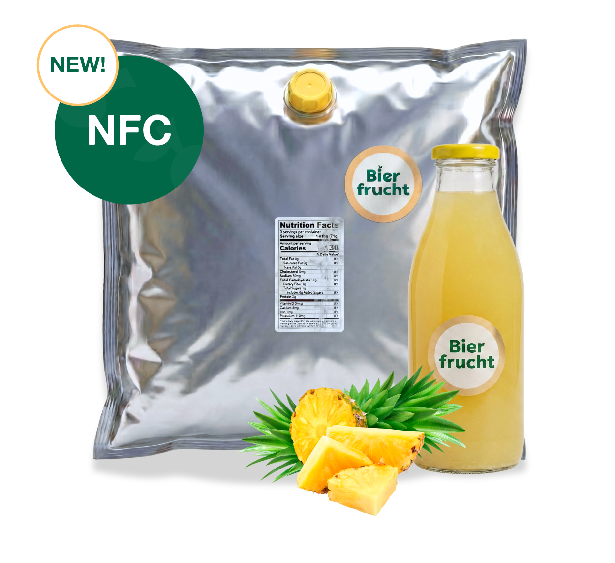 Pineapple NFC Juice aseptic fruit puree in 44 lb packaging for breweries, hard seltzers, beverages, ice cream, sauces, desserts, and food manufacturing applications