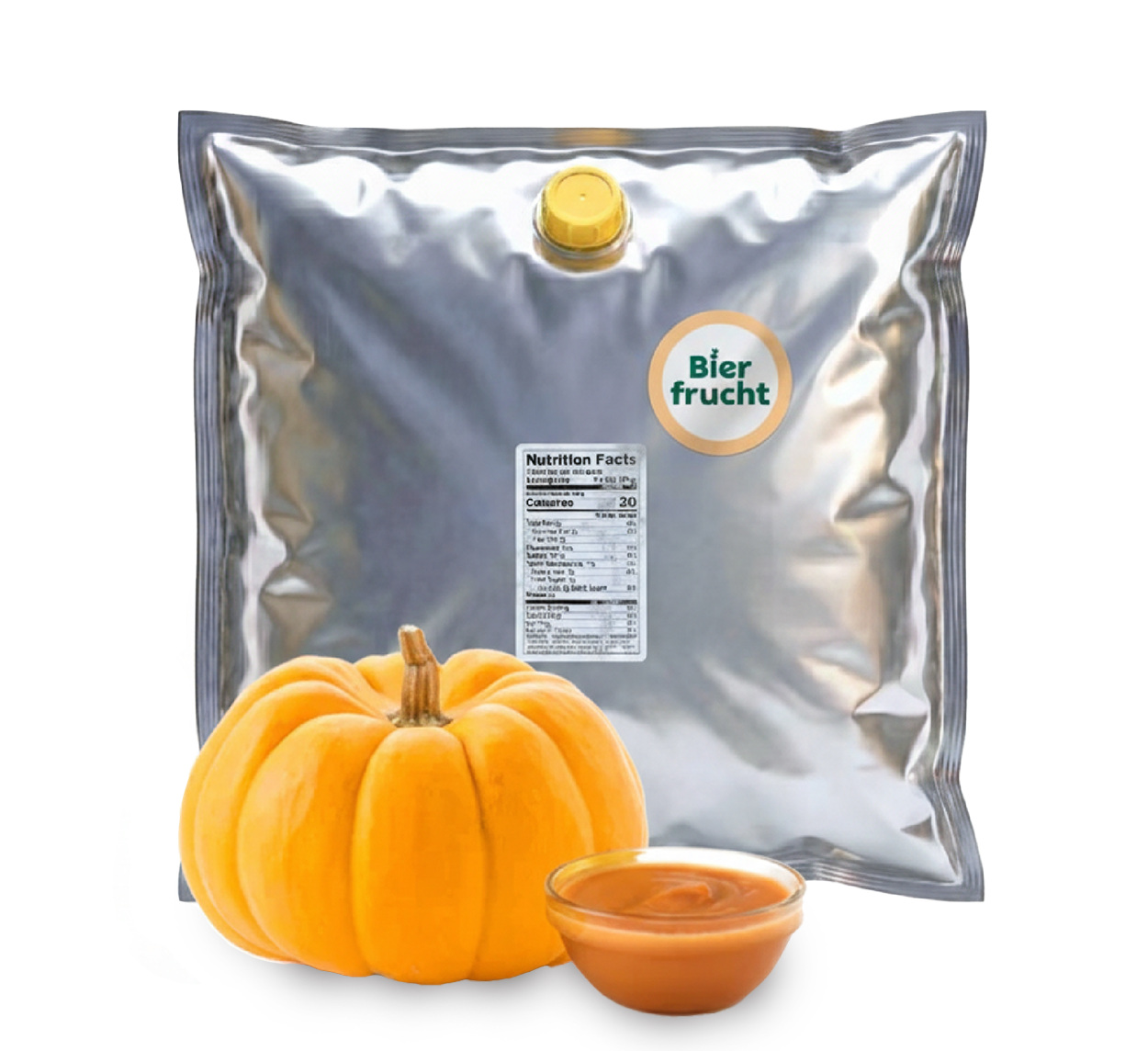 Pumpkin aseptic fruit puree in 44 lb packaging for breweries, hard seltzers, beverages, ice cream, sauces, desserts, and food manufacturing applications