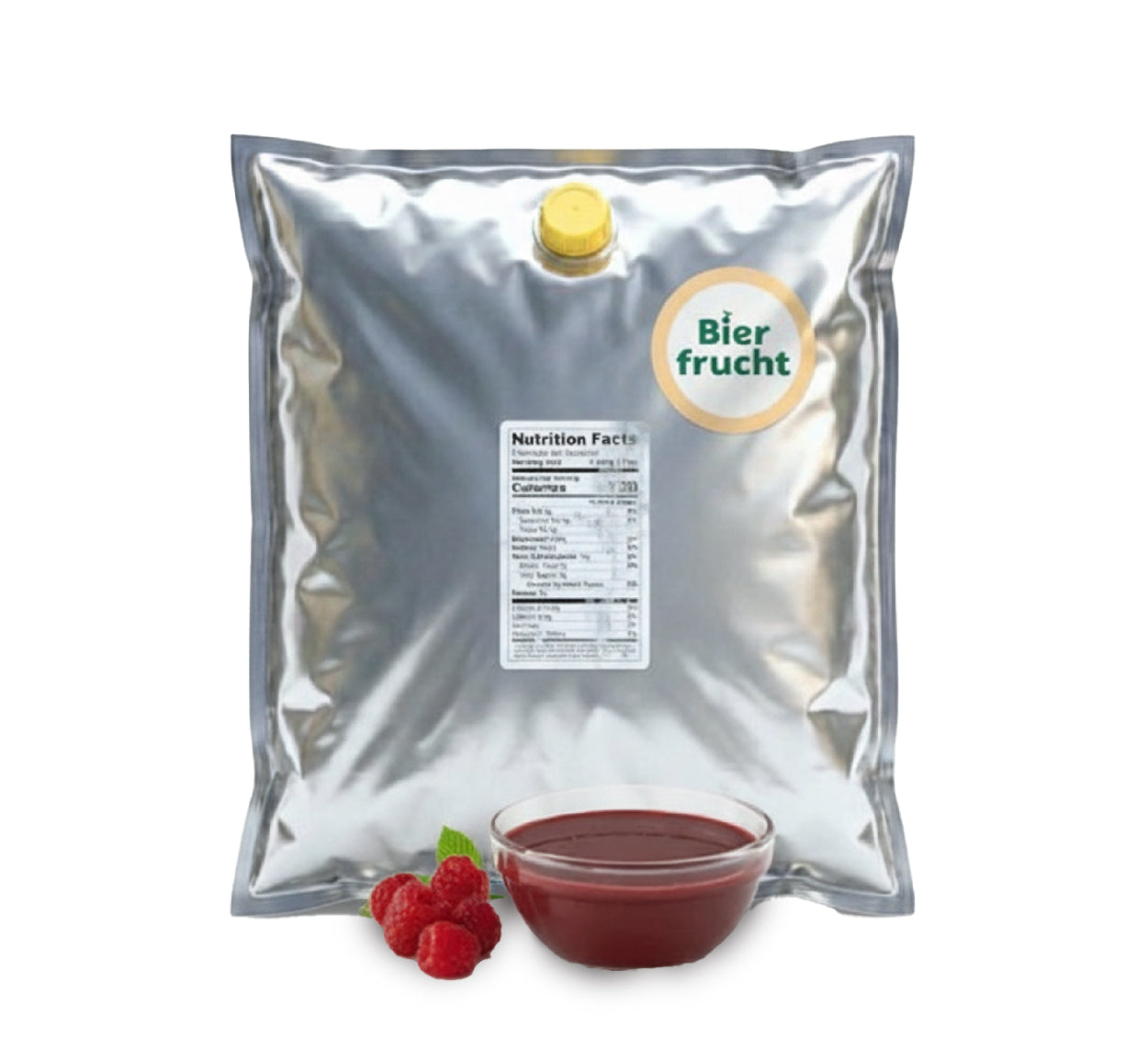 Raspberry aseptic fruit puree in 11 lb packaging for breweries, hard seltzers, beverages, ice cream, sauces, desserts, and food manufacturing applications