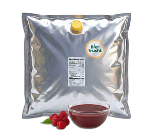 Raspberry aseptic fruit puree in 40 lb packaging for breweries, hard seltzers, beverages, ice cream, sauces, desserts, and food manufacturing applications