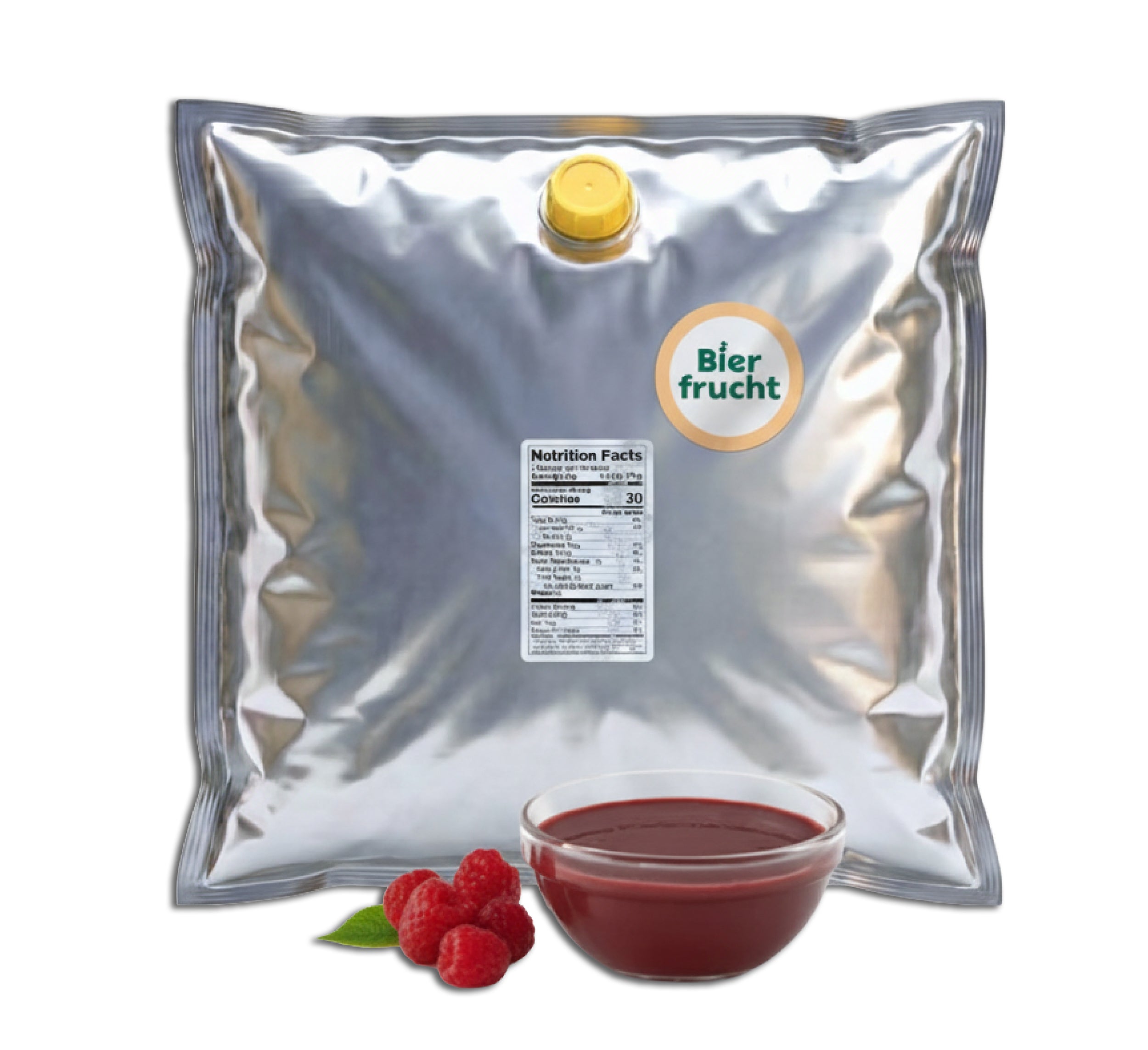 Raspberry aseptic fruit puree in 44 lb packaging for breweries, hard seltzers, beverages, ice cream, sauces, desserts, and food manufacturing applications