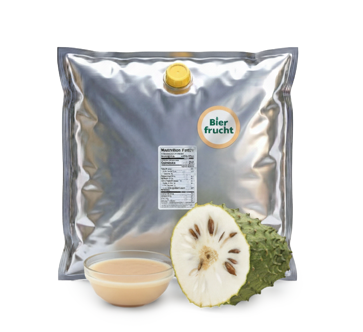 Soursop aseptic fruit puree in 44 lb packaging for breweries, hard seltzers, beverages, ice cream, sauces, desserts, and food manufacturing applications