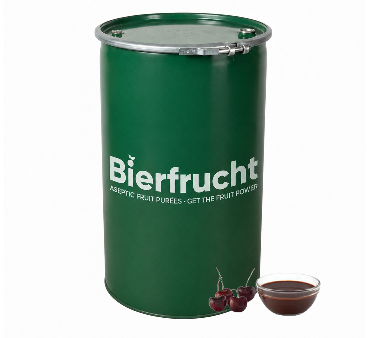 Sweet Cherry aseptic fruit puree in 485 lb packaging for breweries, hard seltzers, beverages, ice cream, sauces, desserts, and food manufacturing applications