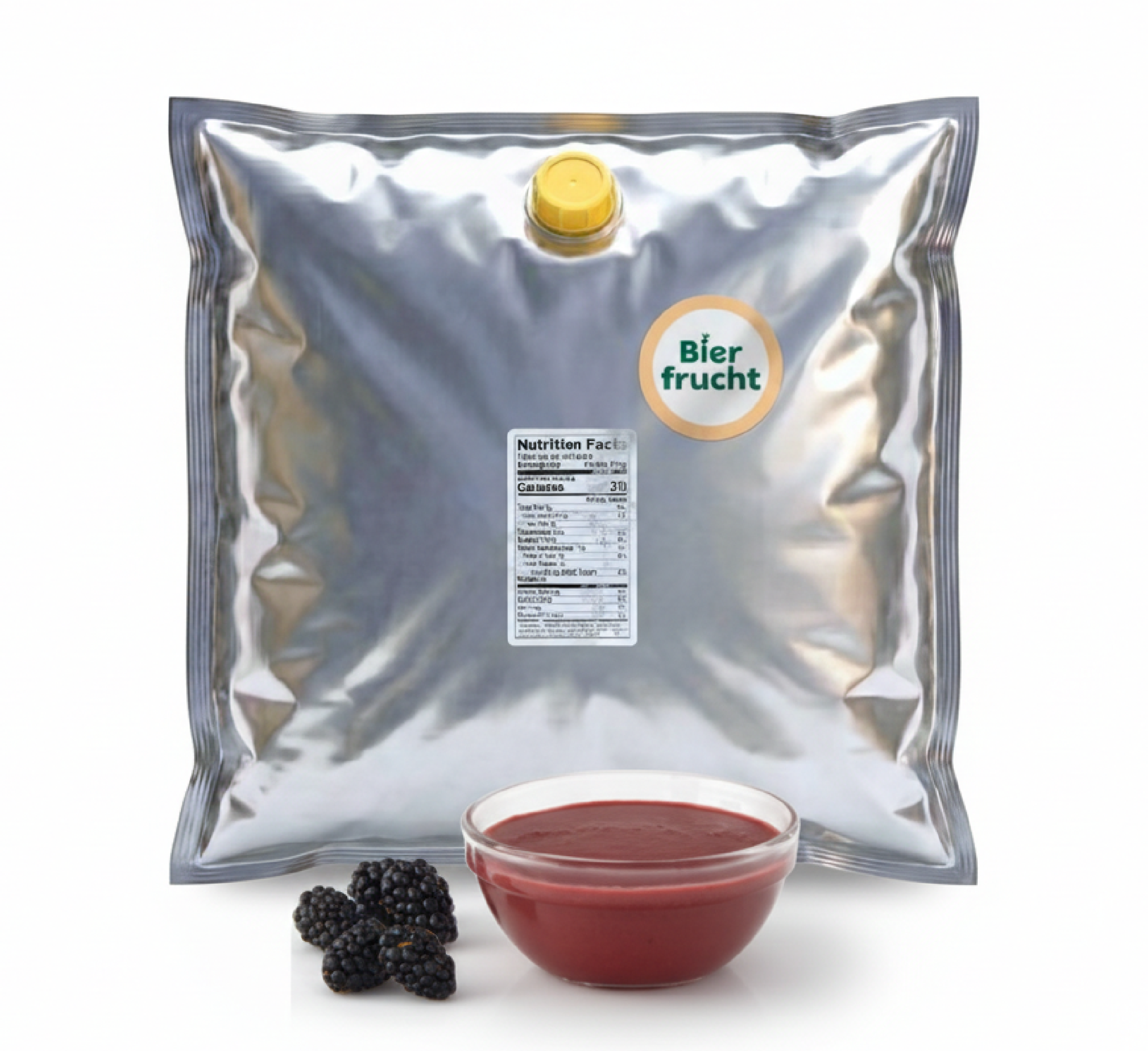 Blackberry aseptic fruit puree in 44 lb packaging for breweries, hard seltzers, beverages, ice cream, sauces, desserts, and food manufacturing applications