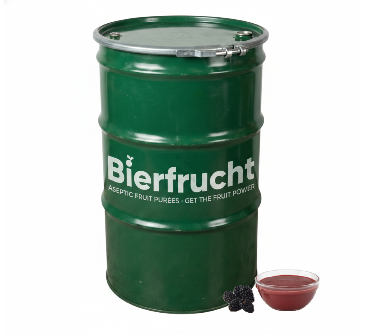 Blackberry aseptic fruit puree in 485 lb packaging for breweries, hard seltzers, beverages, ice cream, sauces, desserts, and food manufacturing applications