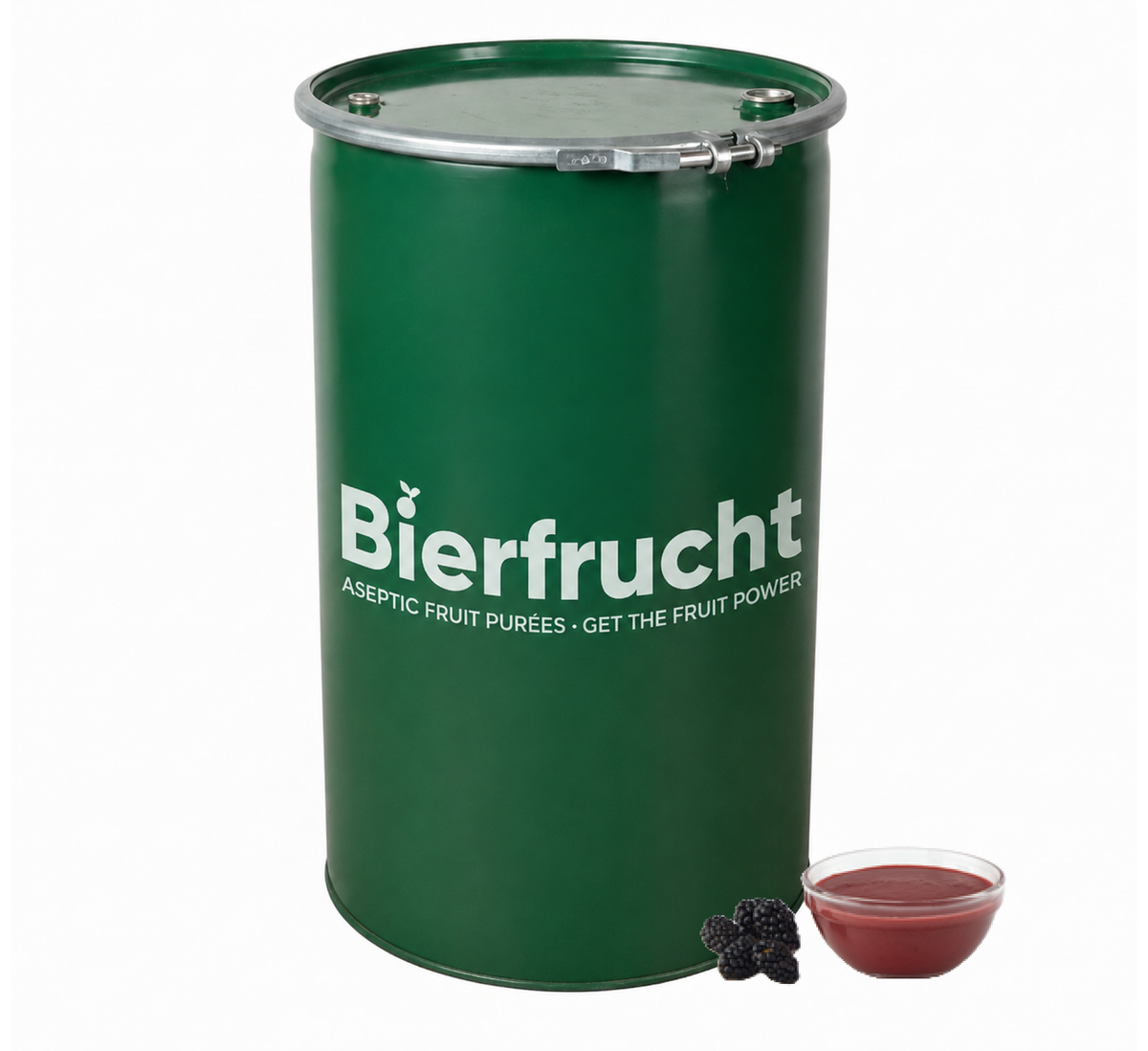 Blackberry aseptic fruit puree in 485 lb packaging for breweries, hard seltzers, beverages, ice cream, sauces, desserts, and food manufacturing applications