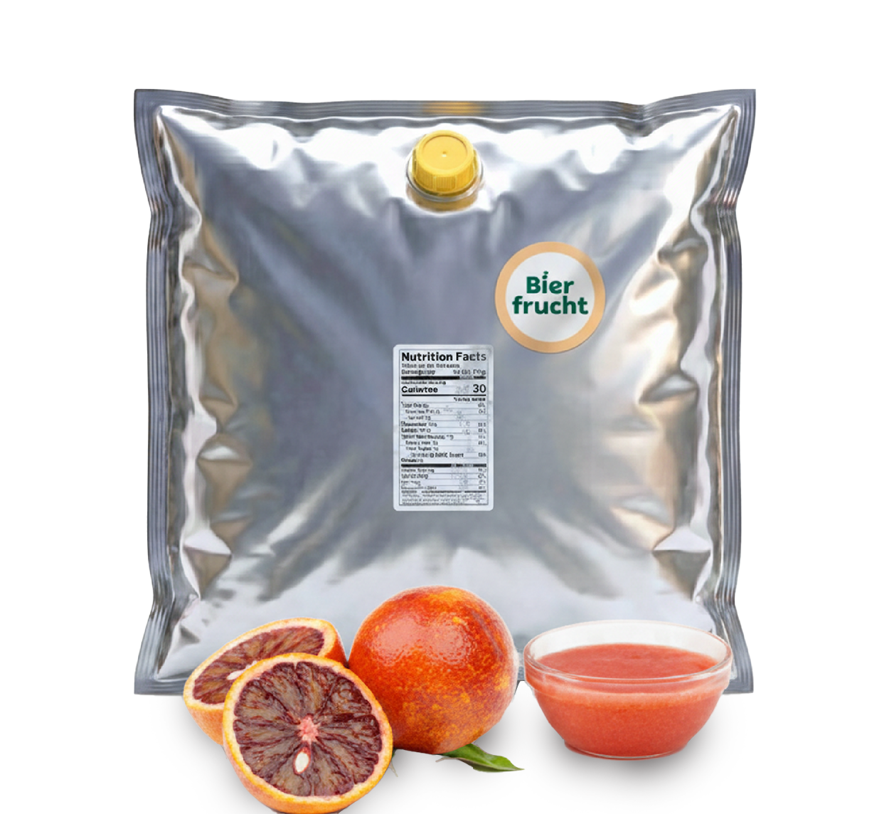 Blood orange aseptic fruit puree in 44 lb packaging for breweries, beverages, ice cream, sauces, and food manufacturing applications