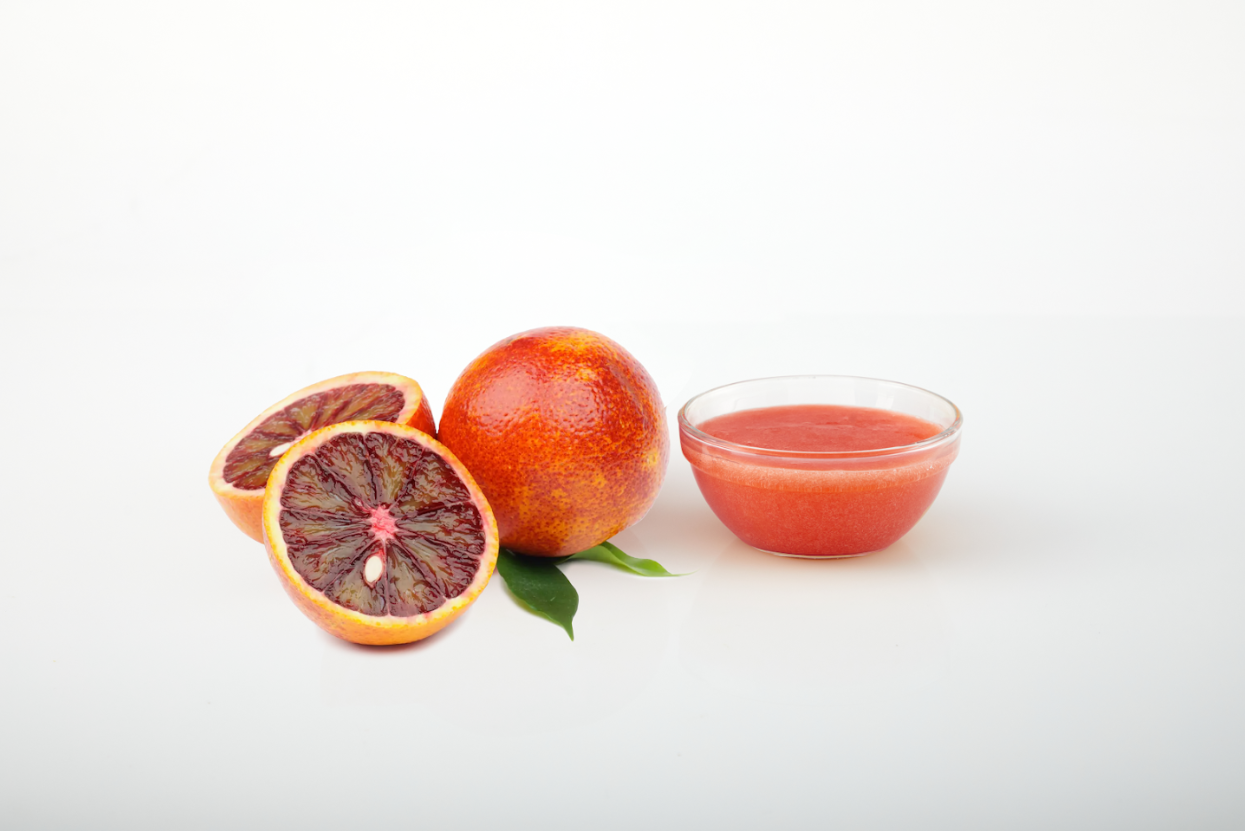 Blood orange aseptic fruit puree packaging for breweries, beverages, ice cream, sauces, and food manufacturing applications