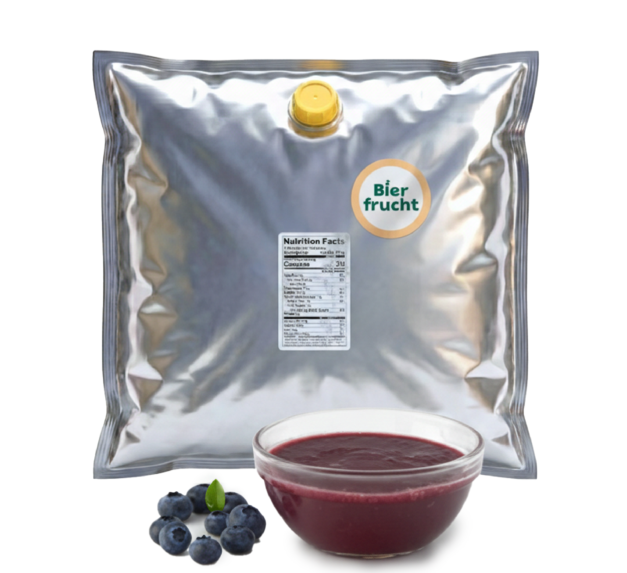 Blueberry aseptic fruit puree in 44 lb packaging for breweries, hard seltzers, beverages, ice cream, sauces, desserts, and food manufacturing applications