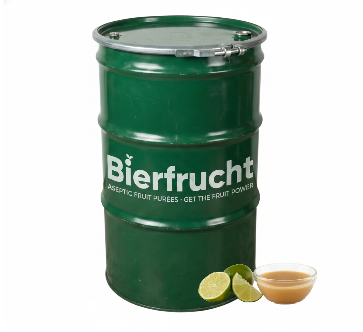 Lime aseptic fruit puree in 485 lb packaging for breweries, hard seltzers, beverages, ice cream, sauces, desserts, and food manufacturing applications