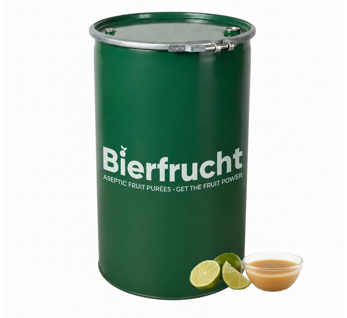 Lime aseptic fruit puree in 485 lb packaging for breweries, hard seltzers, beverages, ice cream, sauces, desserts, and food manufacturing applications