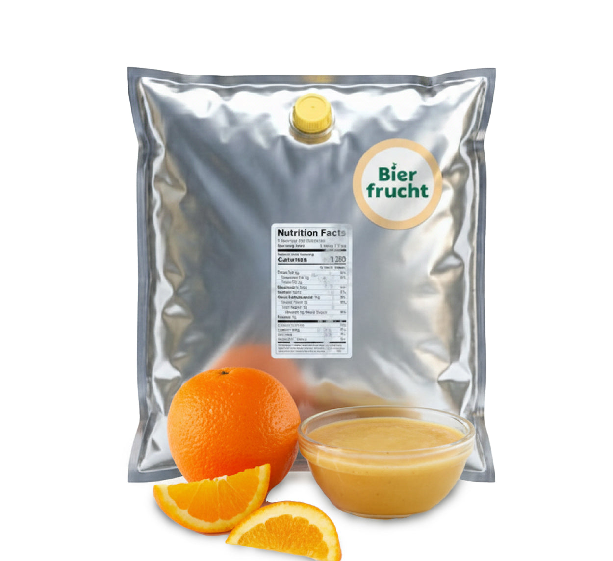 Orange aseptic fruit puree in 11 lb packaging for breweries, hard seltzers, beverages, ice cream, sauces, desserts, and food manufacturing applications