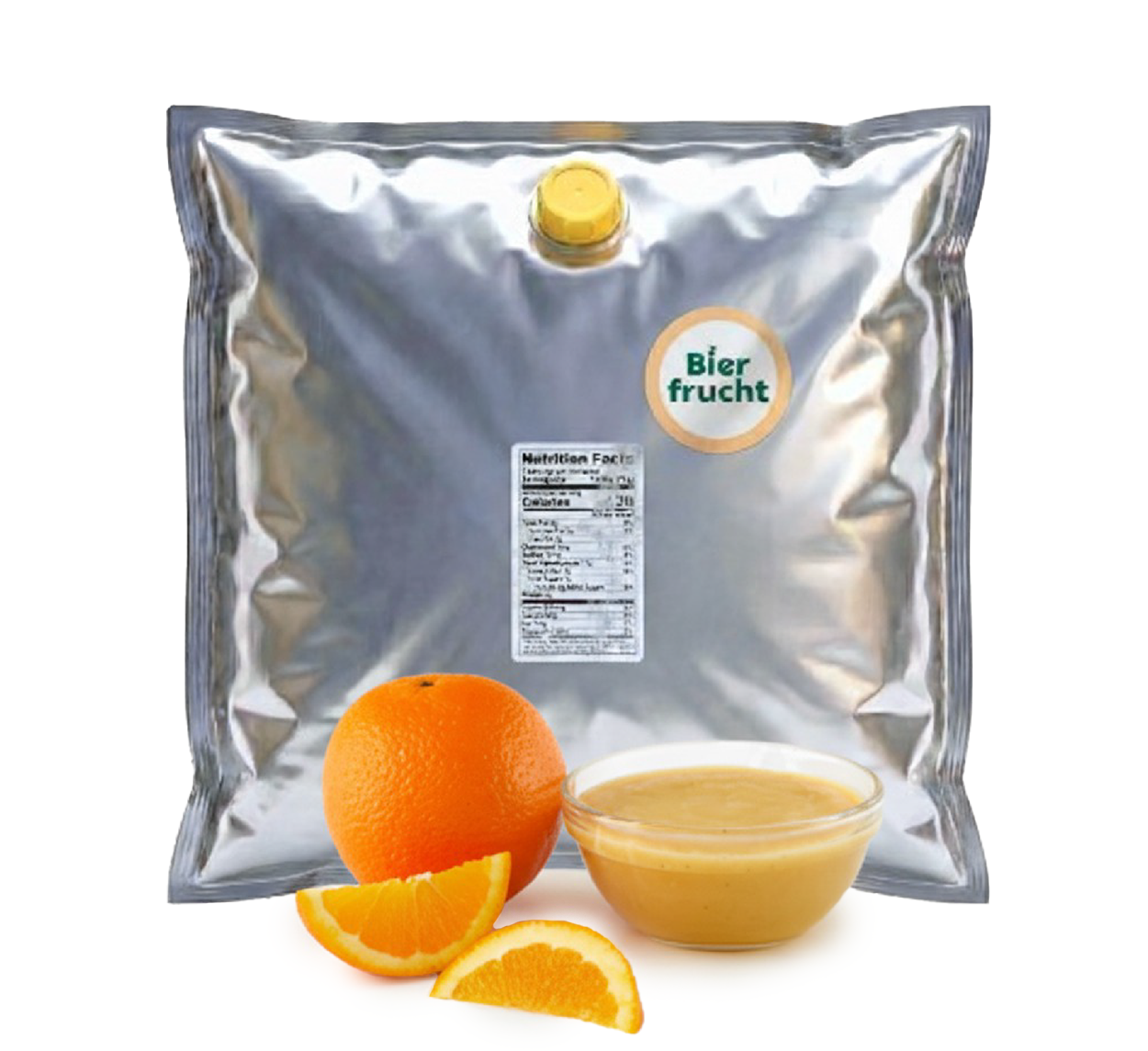 Orange aseptic fruit puree in 44 lb packaging for breweries, hard seltzers, beverages, ice cream, sauces, desserts, and food manufacturing applications