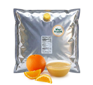 Orange aseptic fruit puree in 44 lb packaging for breweries, hard seltzers, beverages, ice cream, sauces, desserts, and food manufacturing applications