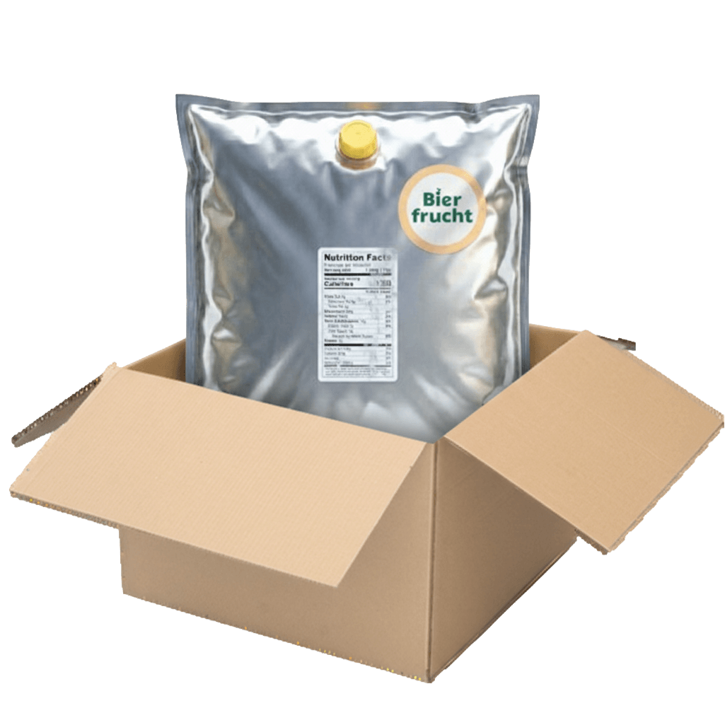 Orange aseptic fruit puree in 44 lb packaging for breweries, hard seltzers, beverages, ice cream, sauces, desserts, and food manufacturing applications