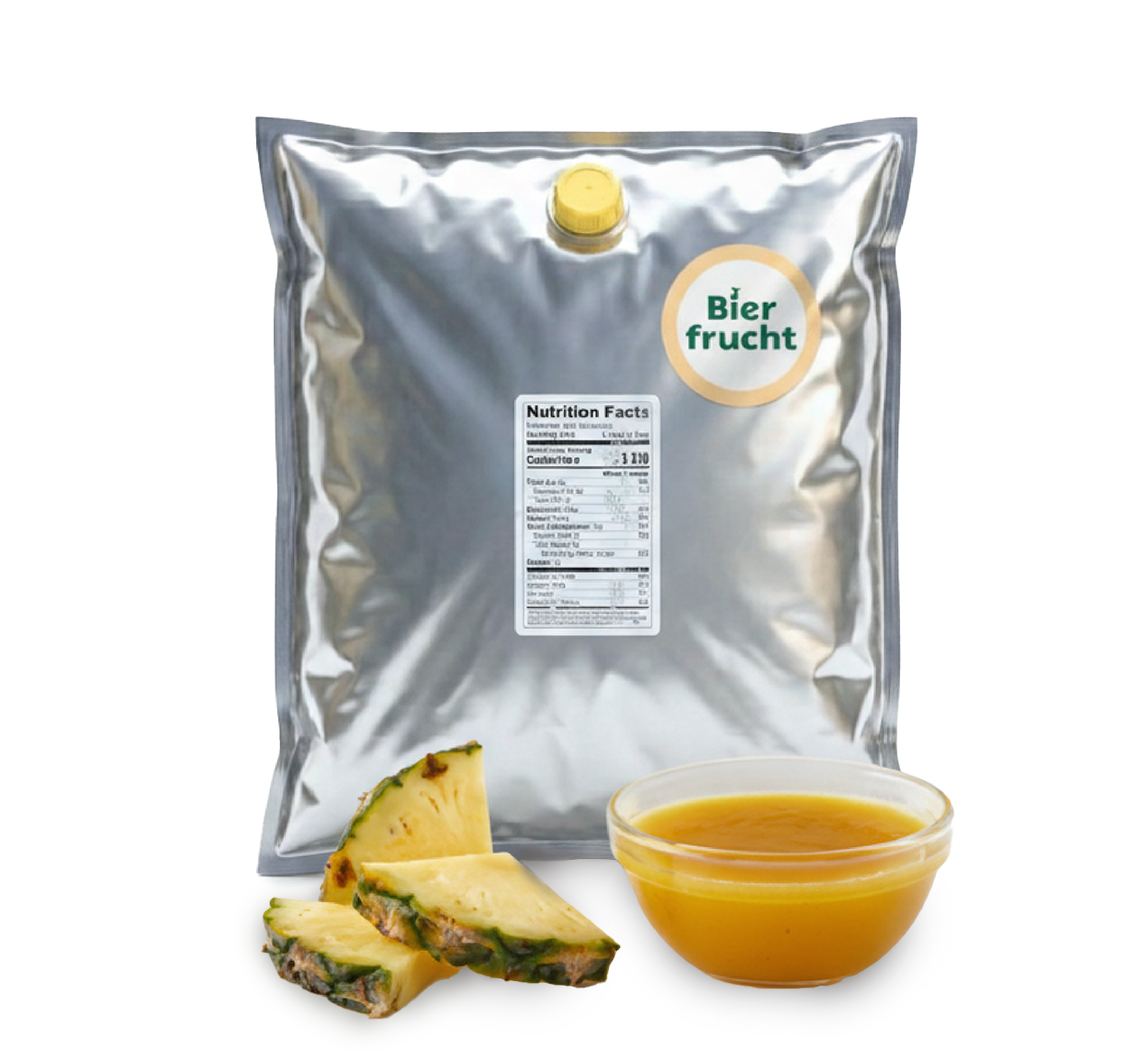 Pineapple aseptic fruit puree in 11 lb packaging for breweries, hard seltzers, beverages, ice cream, sauces, desserts, and food manufacturing applications