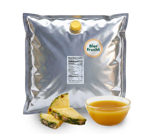 Pineapple aseptic fruit puree in 44 lb packaging for breweries, hard seltzers, beverages, ice cream, sauces, desserts, and food manufacturing applications
