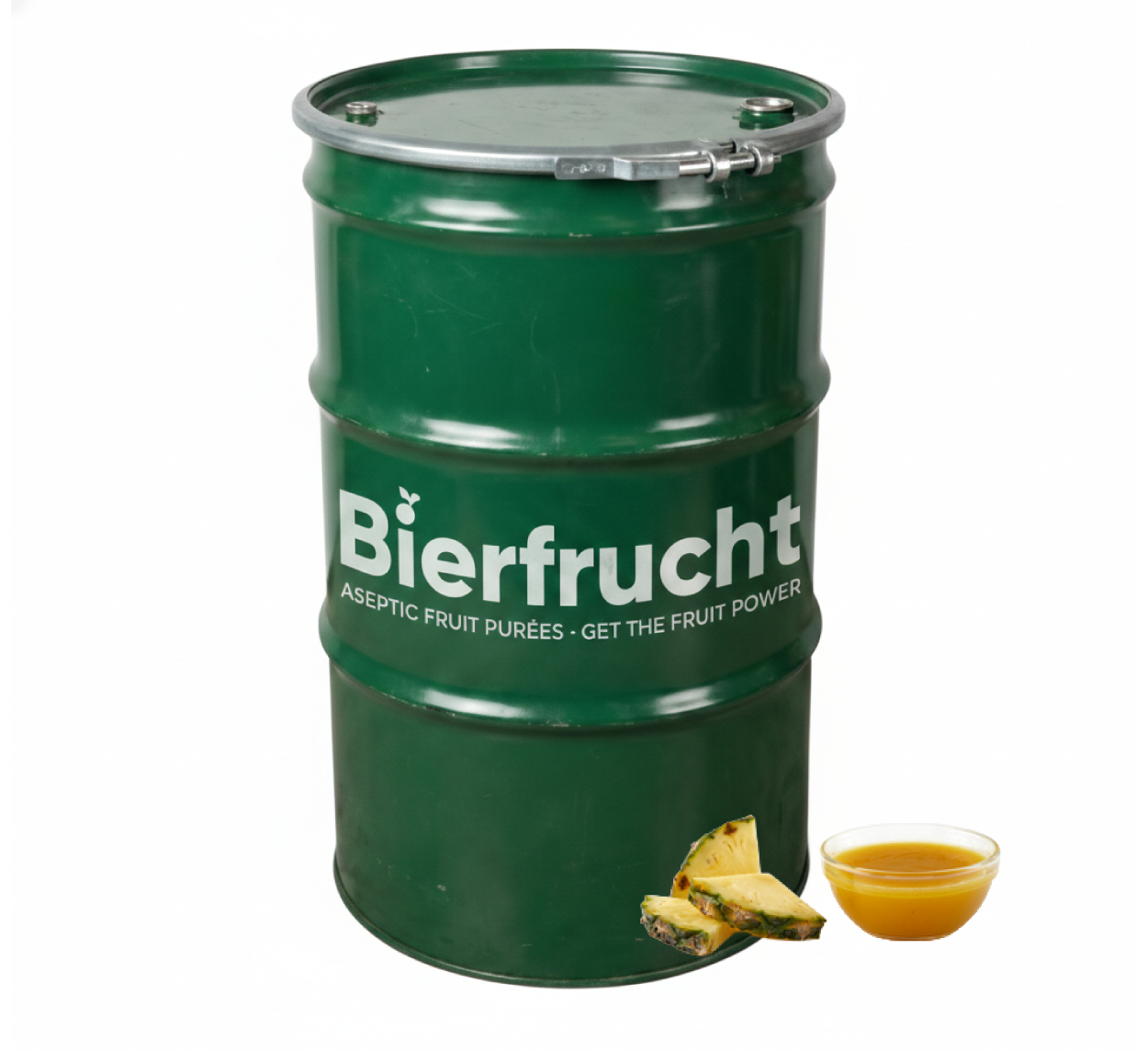 Pineapple aseptic fruit puree in 485 lb packaging for breweries, hard seltzers, beverages, ice cream, sauces, desserts, and food manufacturing applications
