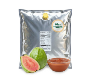 Pink Guava aseptic fruit puree in 11 lb packaging for breweries, hard seltzers, beverages, ice cream, sauces, desserts, and food manufacturing applications