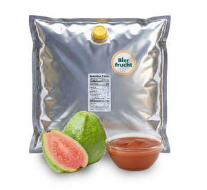 Pink Guava aseptic fruit puree in 40 lb packaging for breweries, hard seltzers, beverages, ice cream, sauces, desserts, and food manufacturing applications