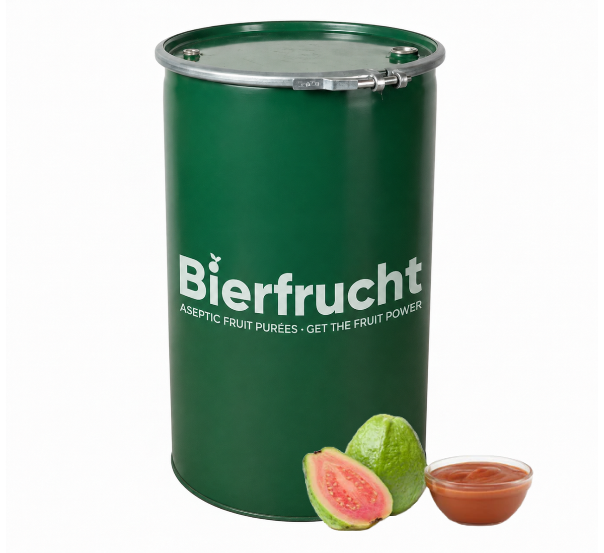 Pink Guava aseptic fruit puree in 485 lb packaging for breweries, hard seltzers, beverages, ice cream, sauces, desserts, and food manufacturing applications