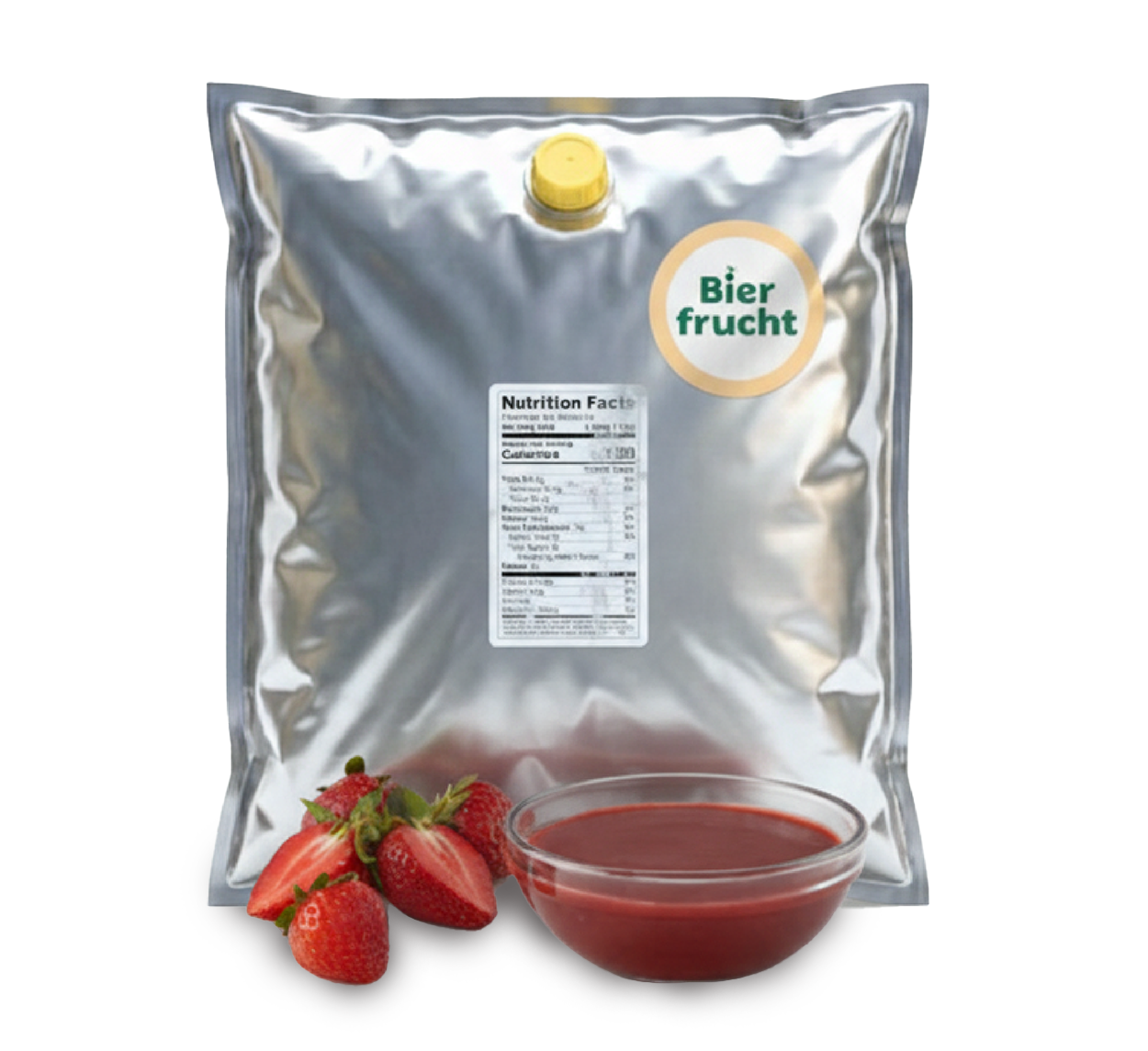 Strawberry aseptic fruit puree in 11 lb packaging for breweries, hard seltzers, beverages, ice cream, sauces, desserts, and food manufacturing applications