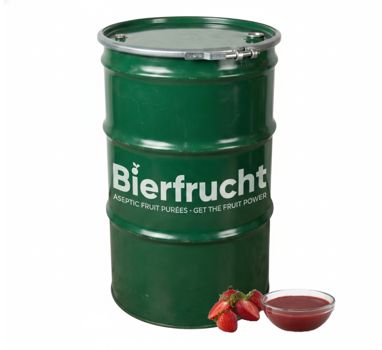 Strawberry aseptic fruit puree in 485 lb packaging for breweries, hard seltzers, beverages, ice cream, sauces, desserts, and food manufacturing applications