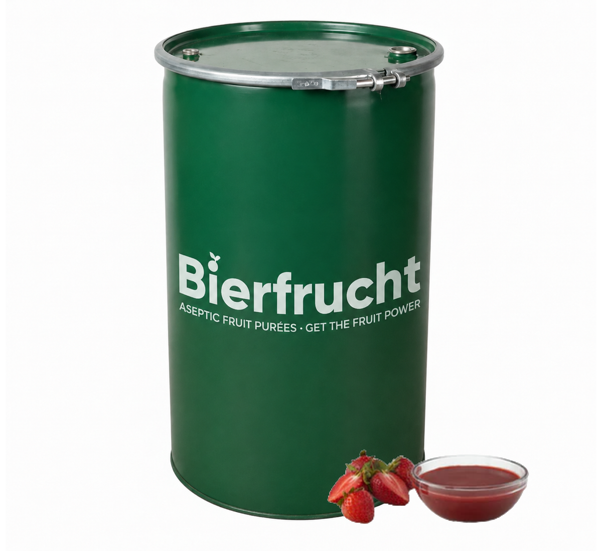 Strawberry aseptic fruit puree in 485 lb packaging for breweries, hard seltzers, beverages, ice cream, sauces, desserts, and food manufacturing applications