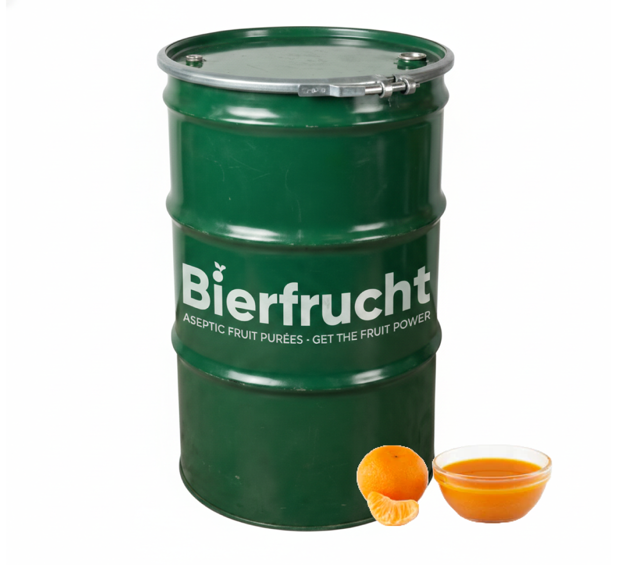 Tangerine aseptic fruit puree in 485 lb packaging for breweries, hard seltzers, beverages, ice cream, sauces, desserts, and food manufacturing applications