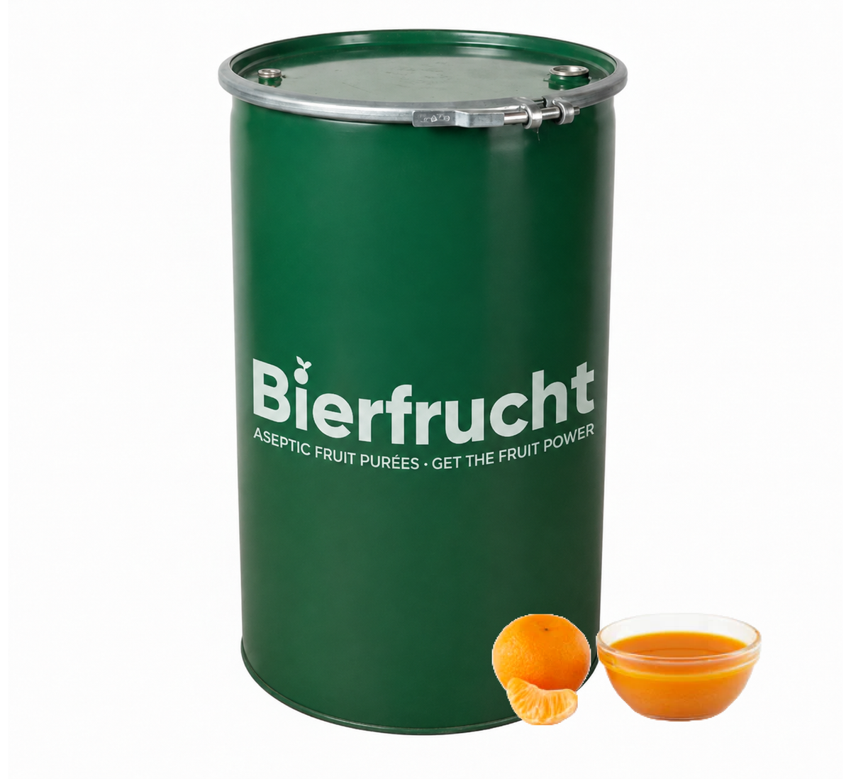 Tangerine aseptic fruit puree in 485 lb packaging for breweries, hard seltzers, beverages, ice cream, sauces, desserts, and food manufacturing applications